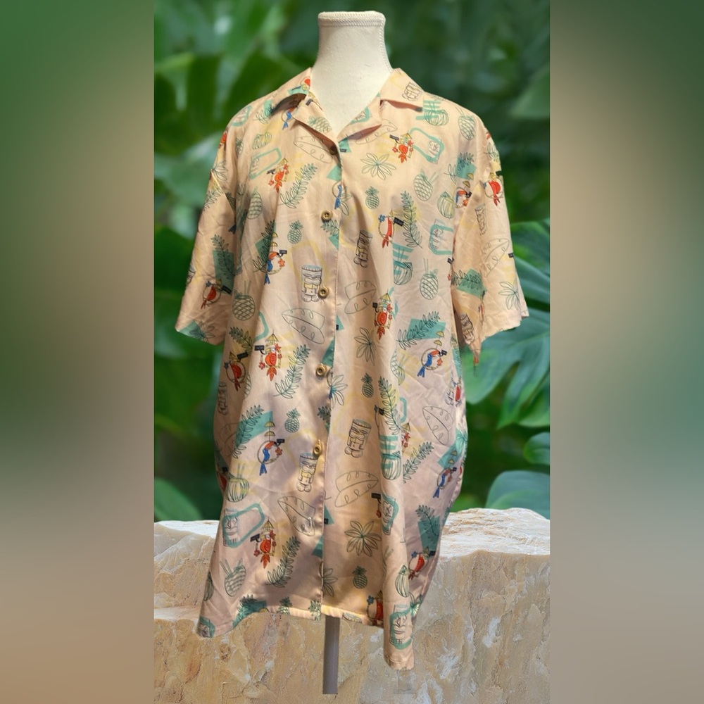Cream and Green Boxy Button Down Shirt with Notched Collar